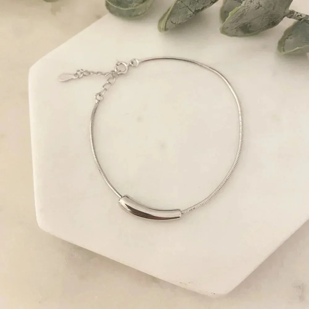 925 Sterling Silver Tube Bracelet Dainty Minimalist Bar Pendant Bracelet - Picture 3 of 4